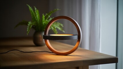 Modern circular wood and dark metal lamp with warm light image