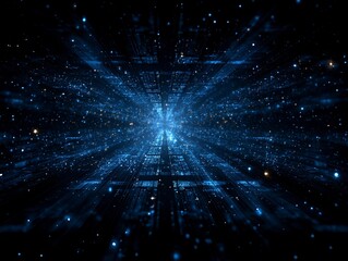 Futuristic Dark Blue Grid Background with Glowing Lines and Starlight Effect, Symmetrical Sci-Fi Digital Space
