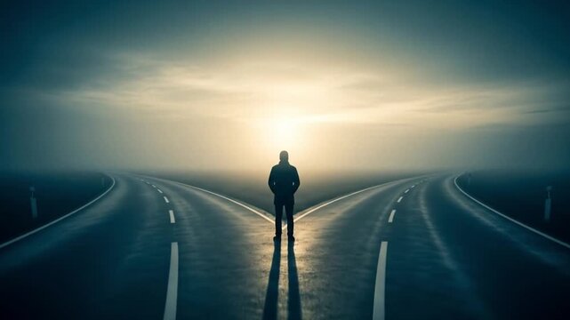 Solitary Figure at a Fork in the Road: Symbolic Scene of Choice, Decision, and an Uncertain Future Journey on Diverging Paths Under a Dramatic Sky