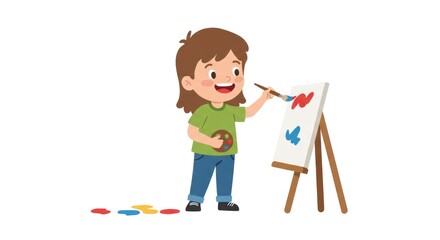 A smiling young child enthusiastically paints on a canvas with a brush and palette.