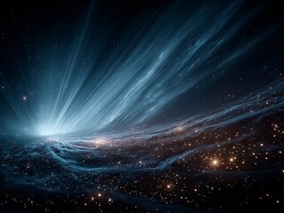 Futuristic Dark Blue Grid Background with Glowing Lines and Starlight Effect, Symmetrical Sci-Fi Digital Space
