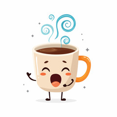 Cheerful Coffee Cup Cartoon: An endearing cartoon coffee cup, radiating joy and warmth, with expressive features and cheerful demeanor, perfect for conveying a sense of comfort and delight.