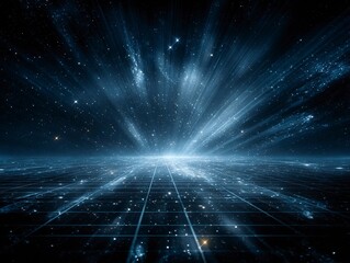 Futuristic Dark Blue Grid Background with Glowing Lines and Starlight Effect, Symmetrical Sci-Fi Digital Space
