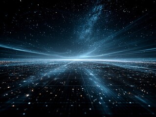 Futuristic Dark Blue Grid Background with Glowing Lines and Starlight Effect, Symmetrical Sci-Fi Digital Space
