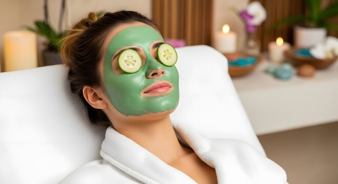 Woman relaxing with a green facial mask and cucumber slices on her eyes at a spa treatment center - Powered by Adobe