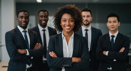 Diverse professional team poses confidently together in a modern office setting ready for business success