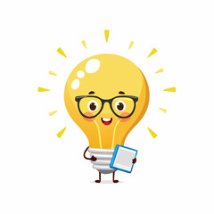 Bright Idea: A cheerful lightbulb character, sporting glasses and holding a notebook, radiates an aura of innovation, creativity and inspiration. 