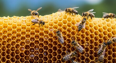 Close up of a honeycomb covered with European honey bees collecting and producing honey. Natural ecosystem concept.