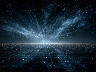 Futuristic Dark Blue Grid Background with Glowing Lines and Starlight Effect, Symmetrical Sci-Fi Digital Space
