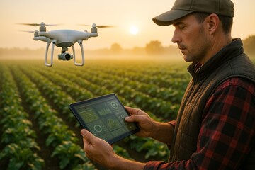 Man operates drone with tablet in green crop field at sunset, using technology for smart farming and agricultural data analysis