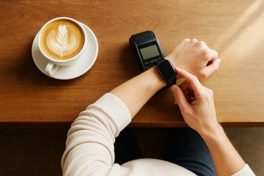 Person using smartwatch for contactless payment near coffee cup on table, realistic photo style, wooden background, concept of modern lifestyle