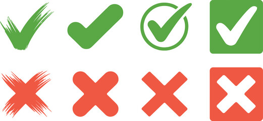 Green Check Marks and Red Crosses in Various Shapes on White Background Symbols