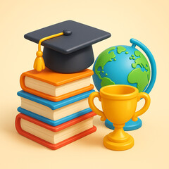 graduation cap and books on white background