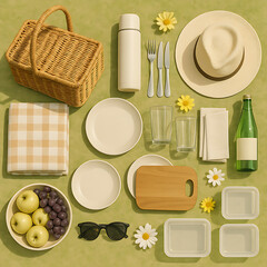 Flat Lay of Picnic Essentials on Grass with Basket, Food, and Summer Accessories
