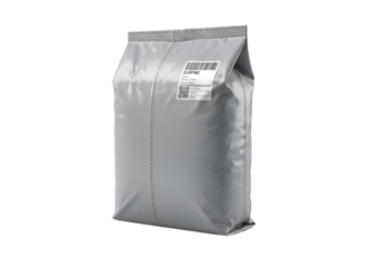 Gray plastic bag with labels.