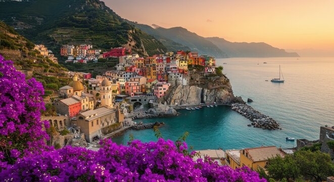 Manarola's Colorful Charm: Coastal Village at Sunset with Vibrant Bougainvillea