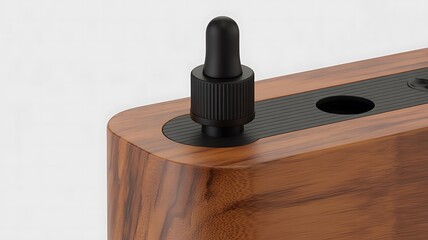 Wooden device with black knob and circular openings brown control