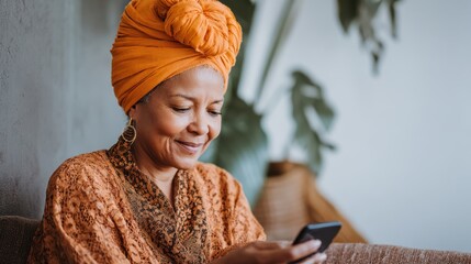 Smiling middle aged african woman with traditional head turban sitting on couch at home using smartphone. Beautiful african american woman with typical headscarf scrolling through internet on phone.,