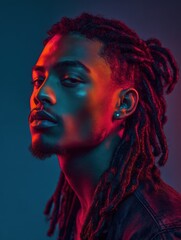 Moody portrait of young man with neon lighting and dreadlocks