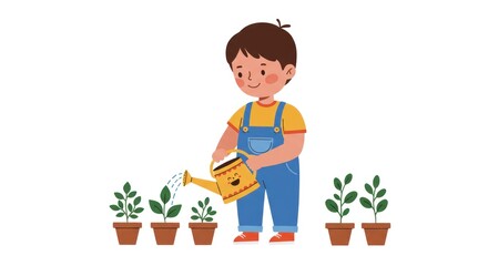 A young boy in overalls waters plants in pots with a yellow watering can.