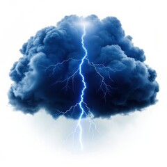 Powerful blue lightning bolt strikes through a dark ominous storm cloud against a white background