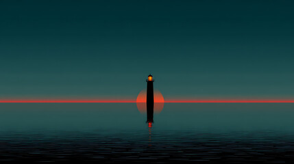 Solitary lighthouse pierces twilight ocean with glowing beacon and fiery sunset horizon image