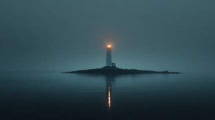 Solitary lighthouse glowing on misty ocean island water