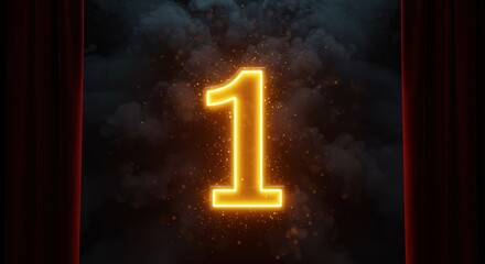 Glowing number one in center, with smoke background and red curtains on each side.