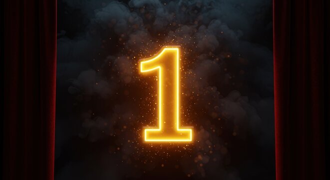 Glowing number one in center, with smoke background and red curtains on each side.