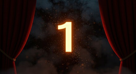 A glowing number one is centered between red velvet curtains amidst a hazy, smoky background with sparks.