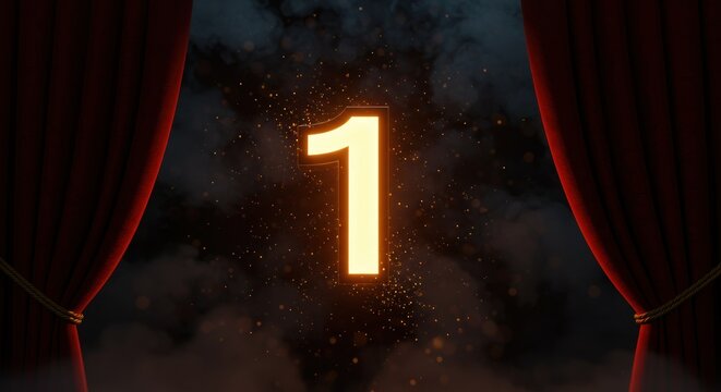 A glowing number one is centered between red velvet curtains amidst a hazy, smoky background with sparks.
