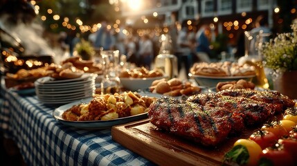 Outdoor barbecue feast with various dishes on a checkered tablecloth
