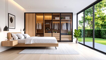 Modern bedroom with walk-in closet and garden view