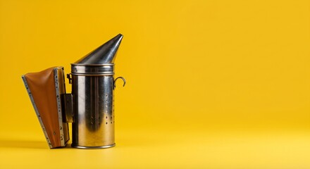 Metal bee smoker with brown bellows for beekeeping tool. Equipment used to calm bees for safety and hive management.