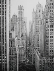 Black and white photograph featuring New York City's iconic buildings