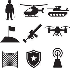 Obraz premium Modern Military Forces Silhouette Icons — Infantry, Vehicles, Air Support, and Tactical Equipment Pack