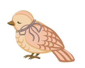 Cute little bird with purple ribbon in beige tones. Hand drawn cartoon vector illustration with sweet character and soft feathers. Perfect for card design or kids decor web graphic and baby projects.