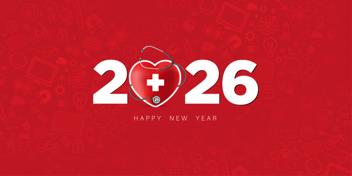 Red heard a medical sign with Stethoscope 2026 on a red background, Happy New Year for health care, Insurance, Wellness, and creative medical concepts. Celebrate the new year with Doctors, Nurses & Me