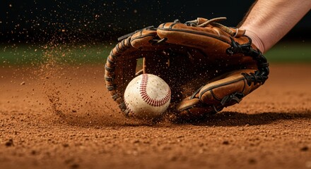 Baseball glove expertly catching a ball with dirt flying creating a dynamic action shot on the field