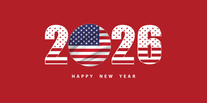 New Year 2026 Number letter font text Logo with American USA Flag on white Background, Calendar 2026, USA America New Year Banner, Post Card, Greetings celebration festival event