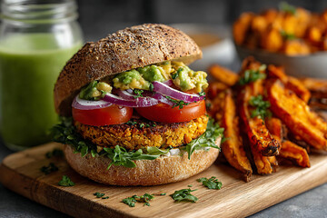 Delicious and healthy vegetarian burger with fresh avocado and tomatoes served with crispy sweet potato fries and green juice