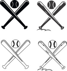 Crossed baseball bat icon set in bold silhouette and outline vector. Ideal for sports graphics, baseball clubs, merchandise, and game day posters.

