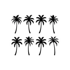 Eight black palm tree silhouettes arranged in two rows on white background tropical