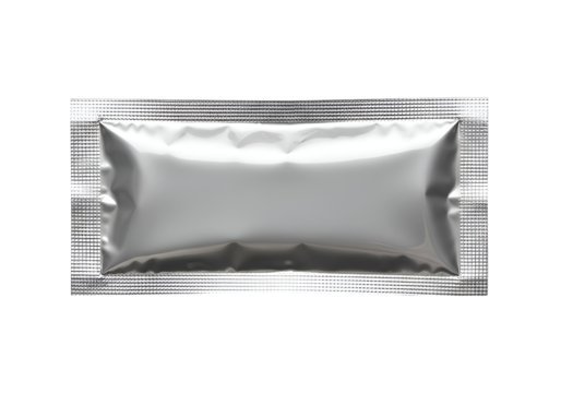 Rectangular metallic pouch, reflective surface.