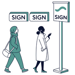 Two women walking past signs with one looking at a street sign