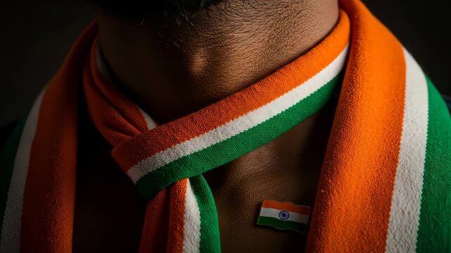 Embracing indian identity a closeup of a person adorned with the tricolor scarf, symbolizing patriotism, cultural pride, and the spirit of independence day
