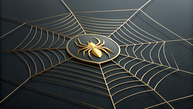 A golden spider sits at the center of a geometric golden spiderweb design