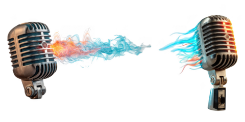 Two vintage microphones facing each other with colorful smoke and fire emanating between them isolated on transparent background