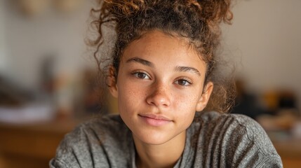 Teenage mixed race girl high school student distance e learning group online class at home looking at camera. Video conference call remote class, course, virtual digital education, headshot portrait.