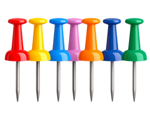 A row of vibrant push pins in various colors is arranged neatly on a transparent back